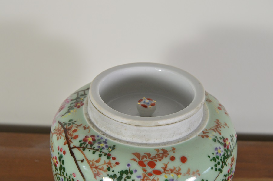 Hand Painted Green on White China Ginger Jar