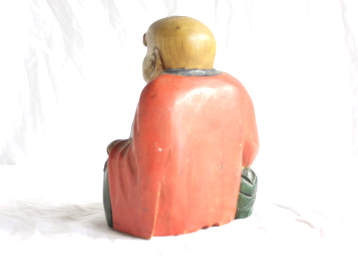 Vintage Hand Carved and Painted Wood Laughing Buddha