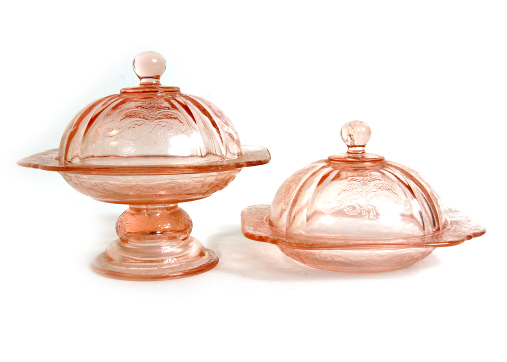 Pair of Vintage Pink Depression Glass Candy Dishes with Lids