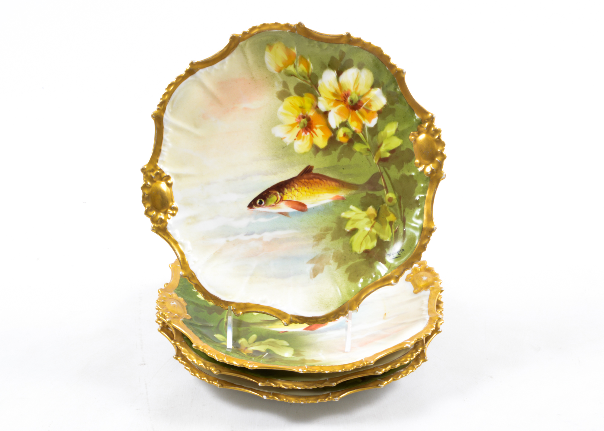 Limoges LS & S Porcelain Gold Gilt Painted Fish Plates
