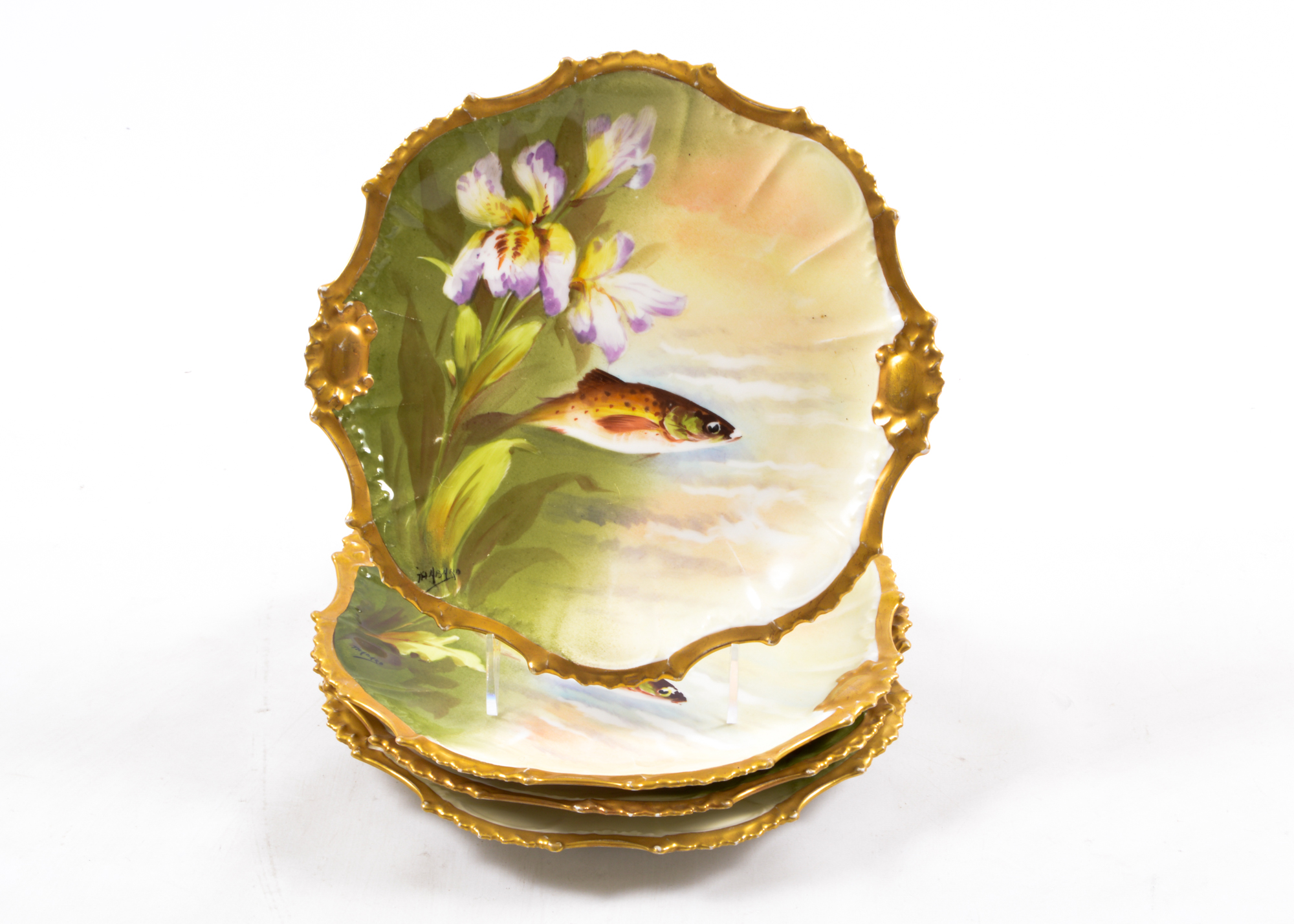 Limoges LS & S Porcelain Gold Gilt Painted Fish Plates