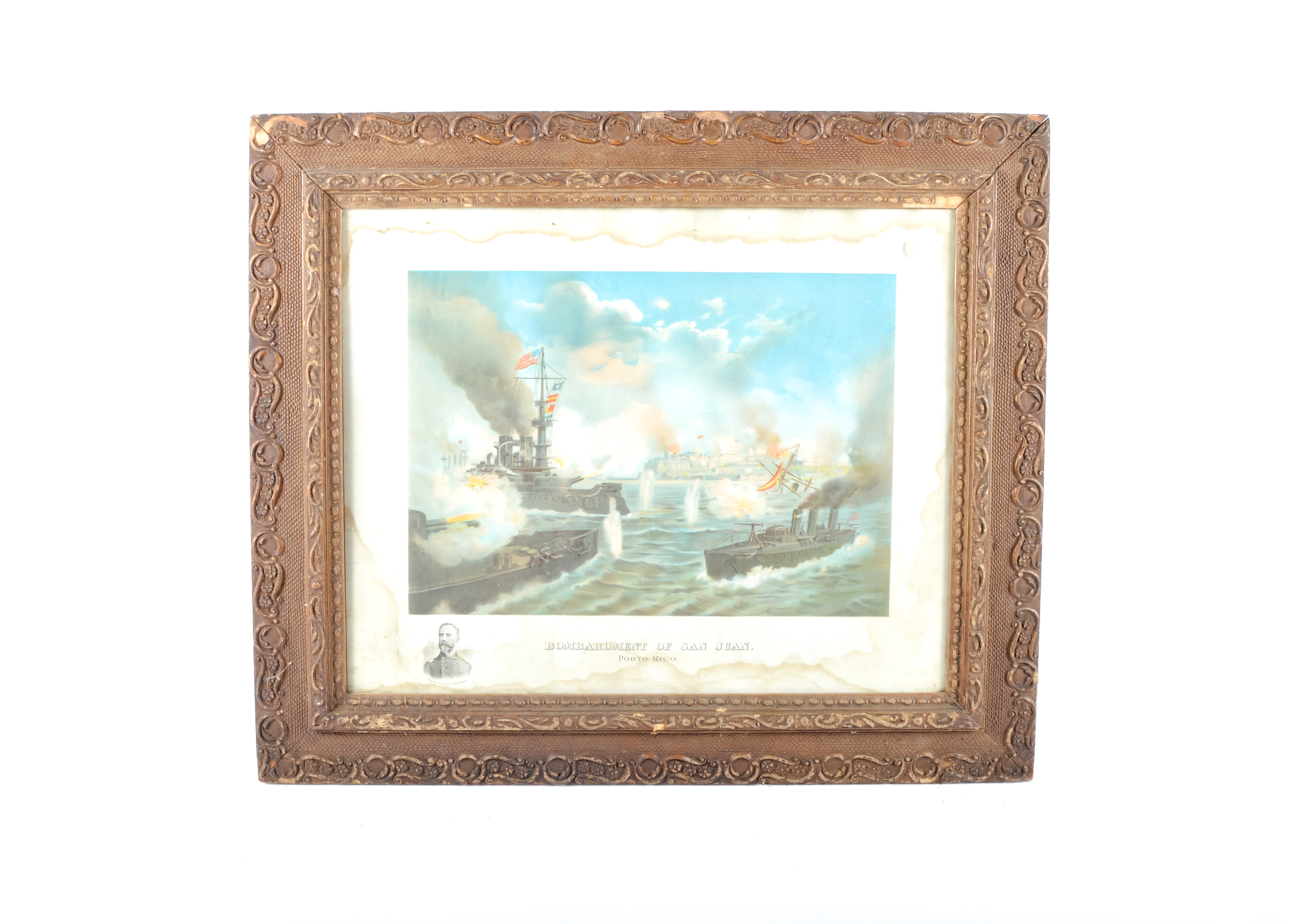 Framed Antique "Bombardment of San Juan" Chromolithograph
