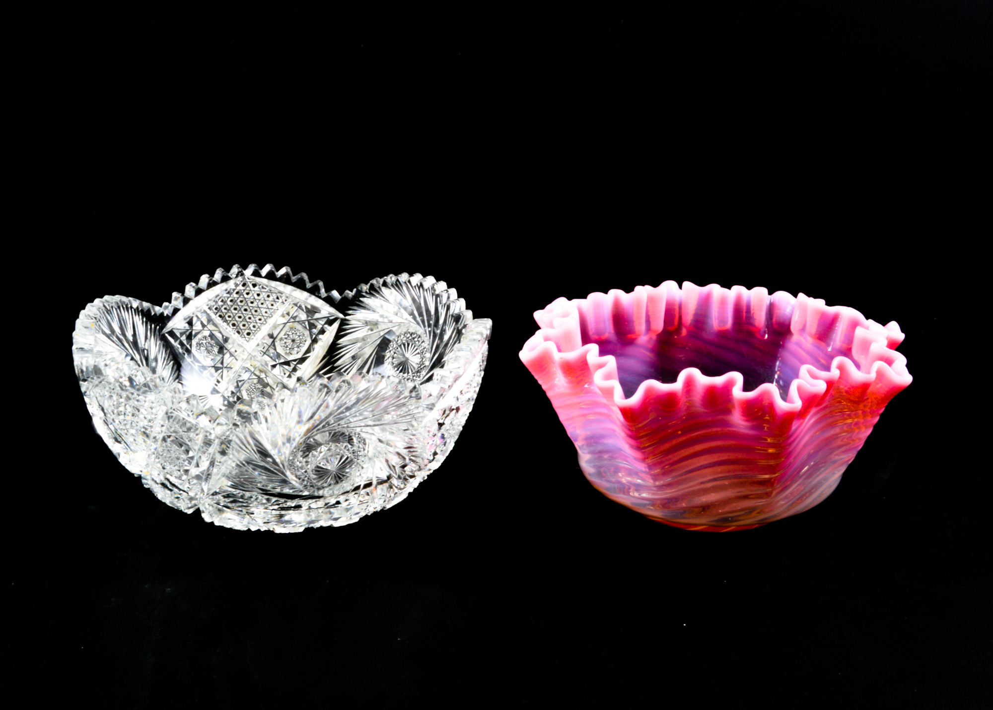 Crystal Cut Glass Sawtooth Bowl with Pink Handkerchief Bowl