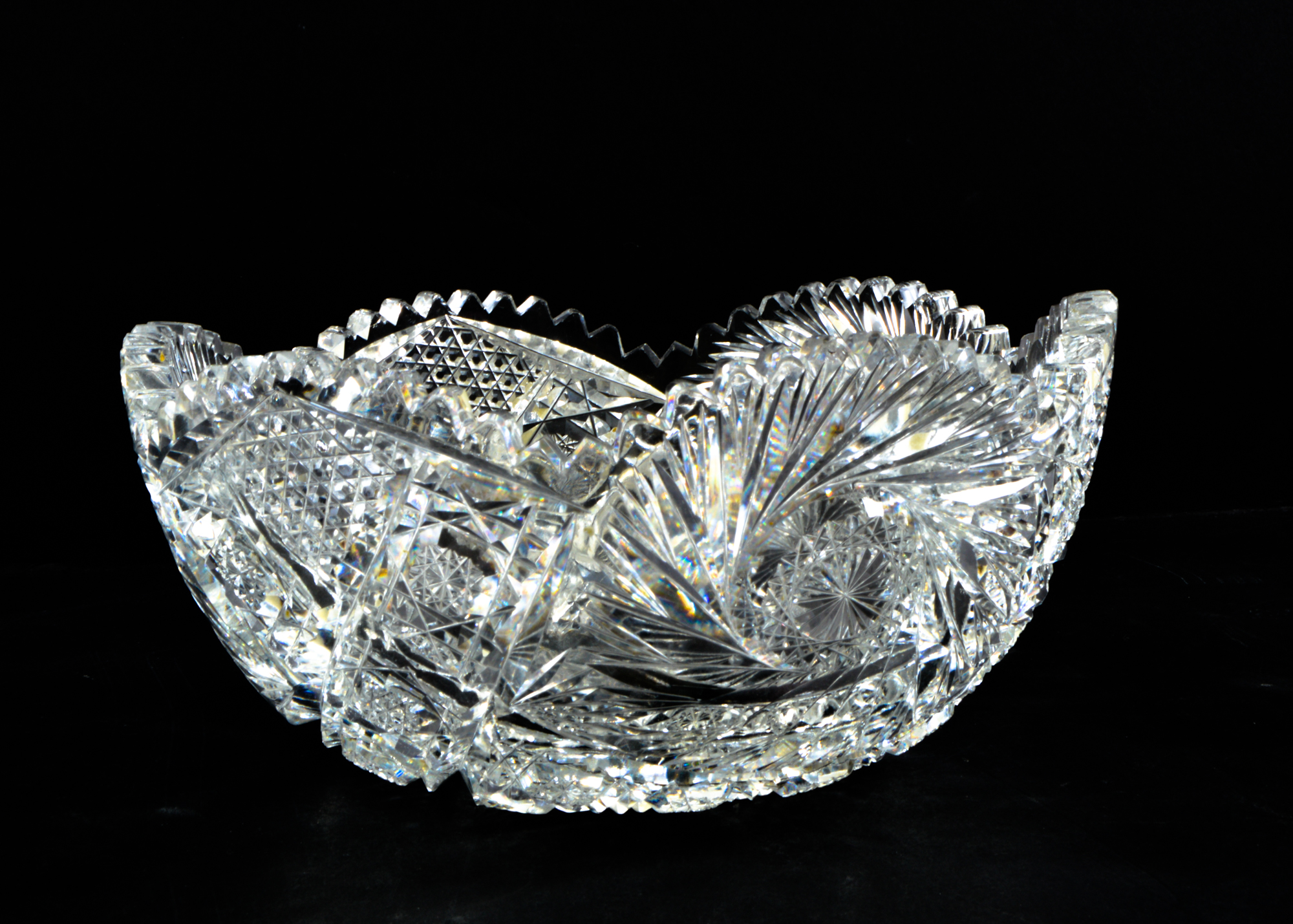 Crystal Cut Glass Sawtooth Bowl with Pink Handkerchief Bowl