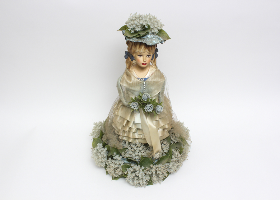Vintage Doll Holding Blue Flower Bouquet