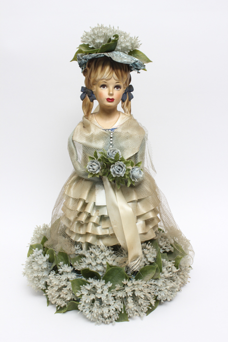 Vintage Doll Holding Blue Flower Bouquet