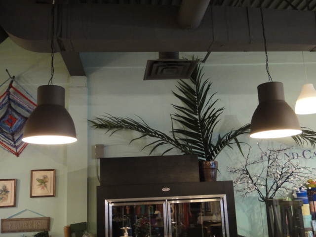 Two Contemporary Black Metal Domed Hanging Lights