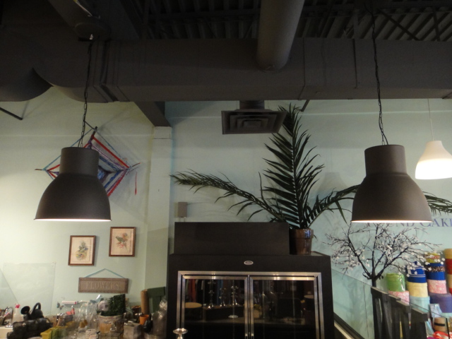 Two Contemporary Black Metal Domed Hanging Lights