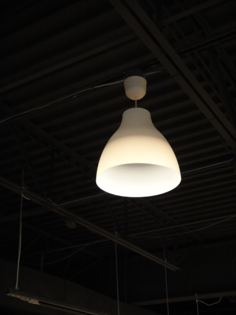 Two Contemporary White Plastic Domed Hanging Lights