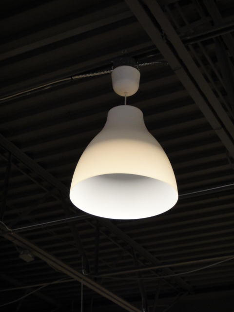 Two Contemporary White Plastic Domed Hanging Lights