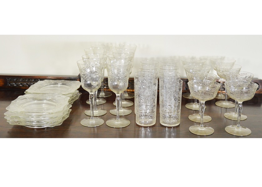 Antique Etched Glass Stems and Plates