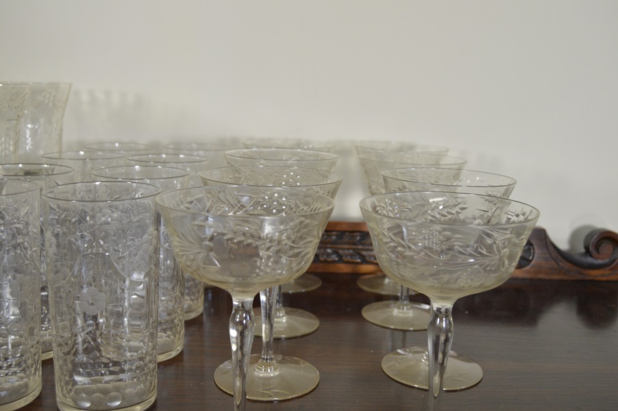 Antique Etched Glass Stems and Plates