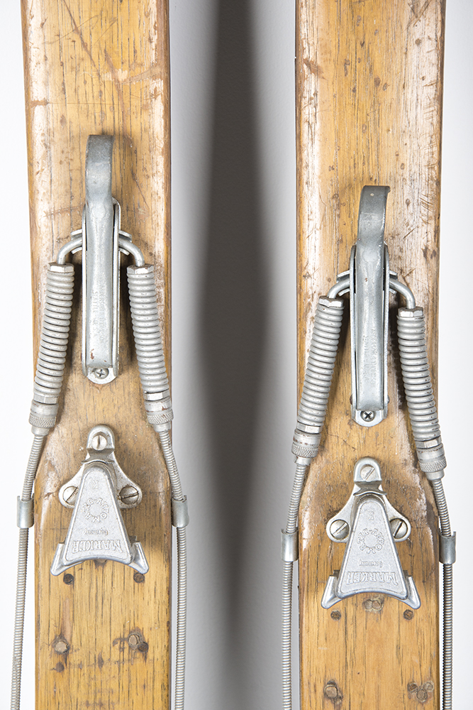 Vintage Wooden Skis with Bear Trap Bindings