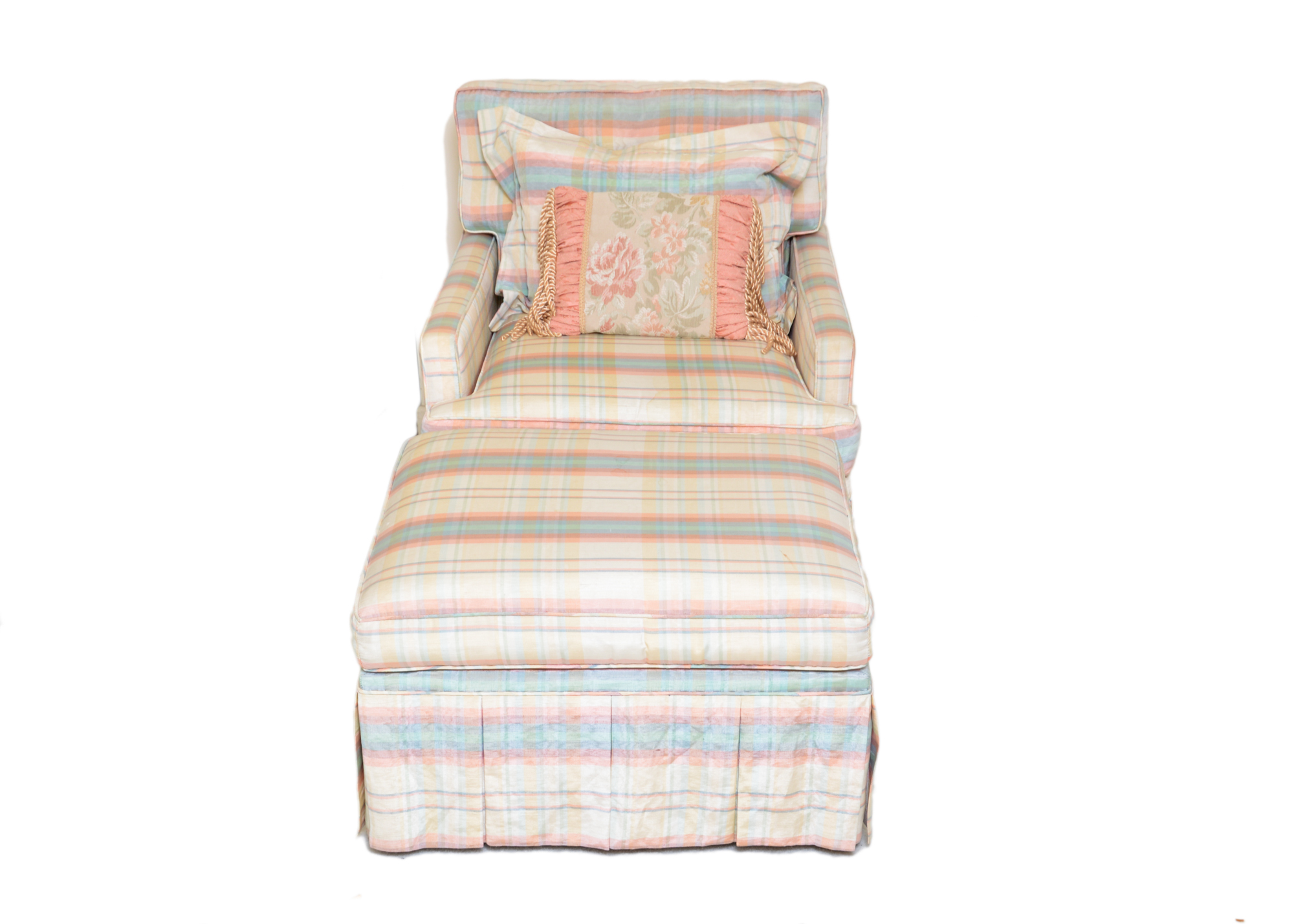 Pastel Plaid Upholstered Chair and Ottoman