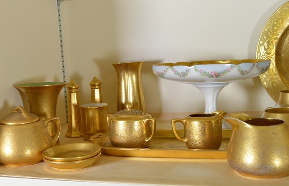 Assortment of Gold Tone China Serving Pieces