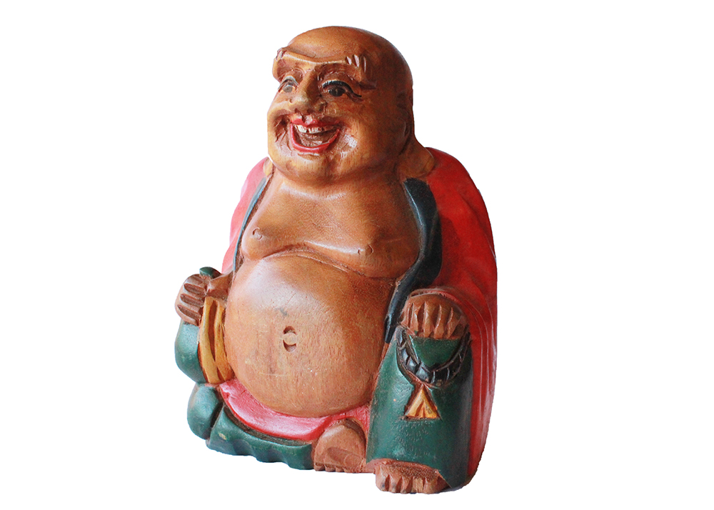 Vintage Hand Carved and Painted Wood Laughing Buddha