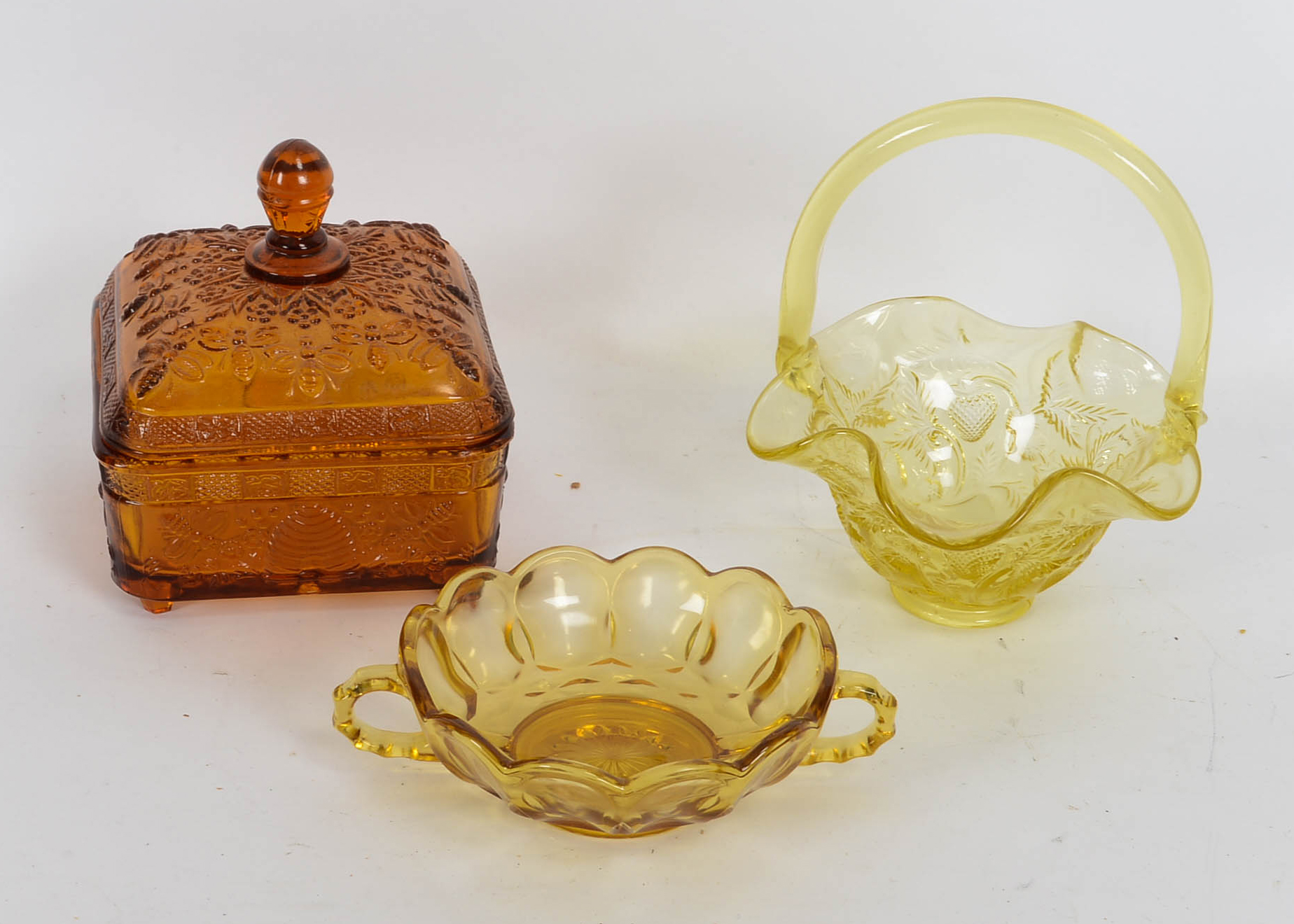 Vintage Fenton Candy Dish and Other Amber-Colored Glassware