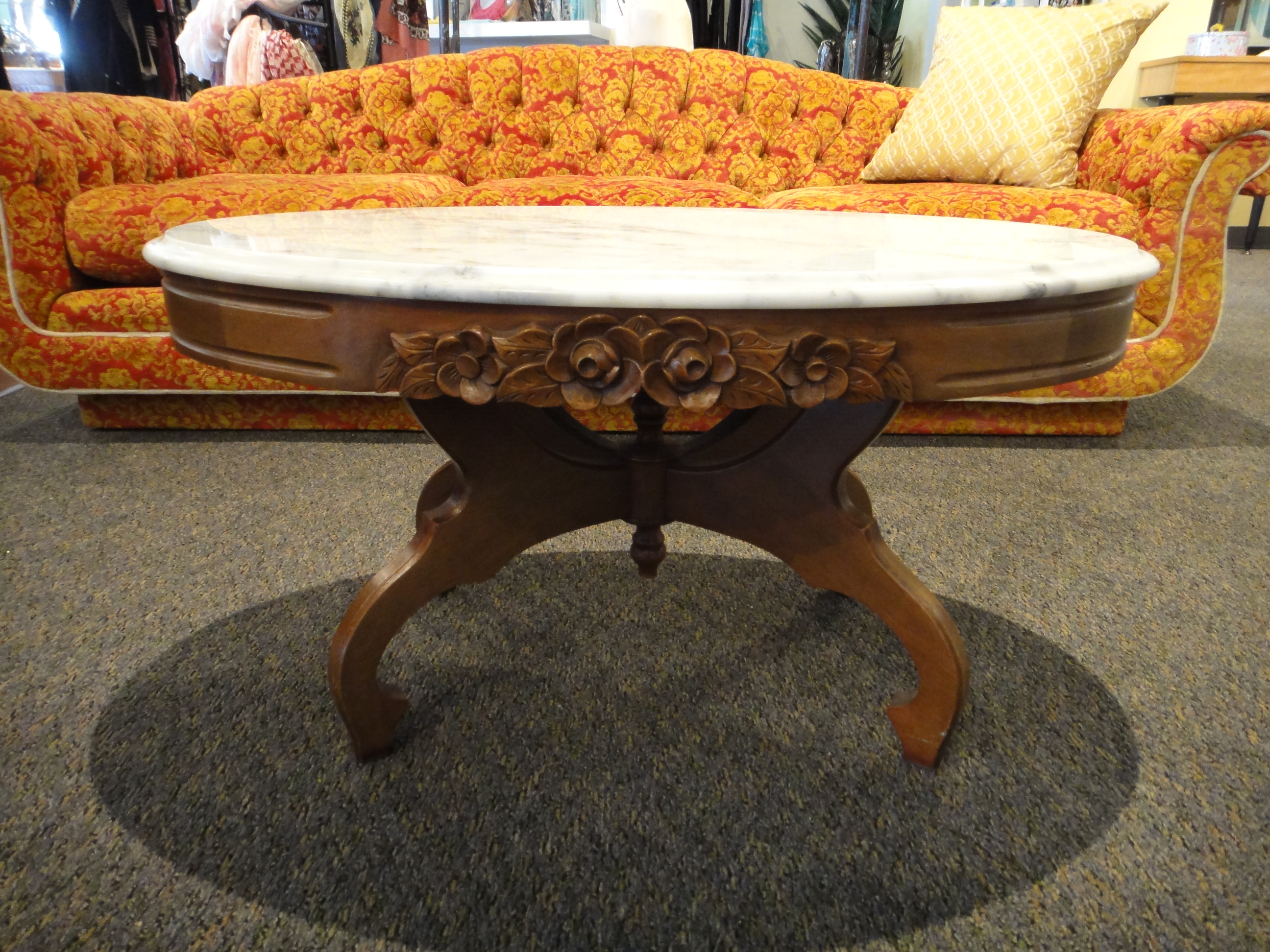 Vintage Maple Oval Coffee Table With Marble Top
