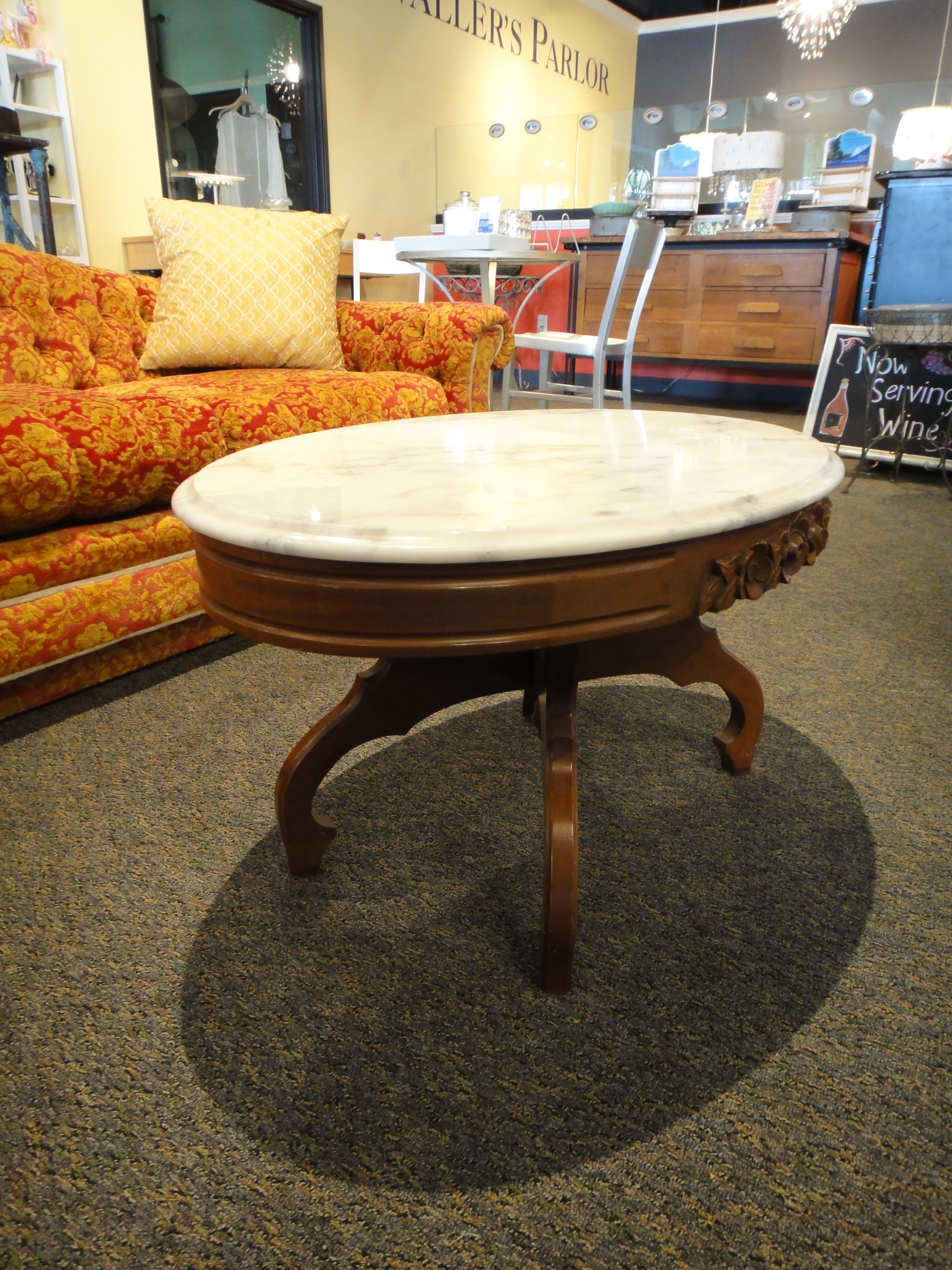 Vintage Maple Oval Coffee Table With Marble Top