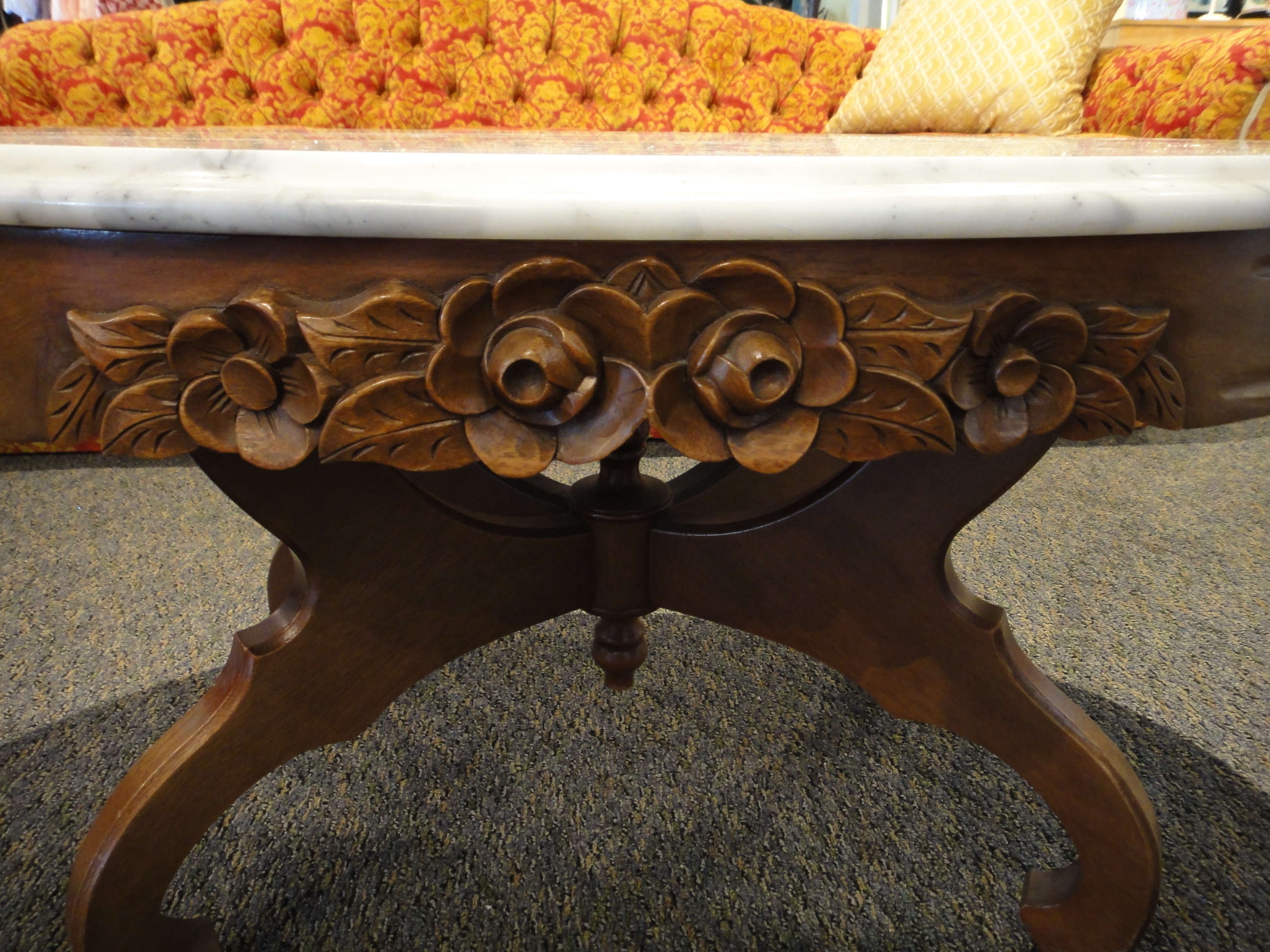 Vintage Maple Oval Coffee Table With Marble Top
