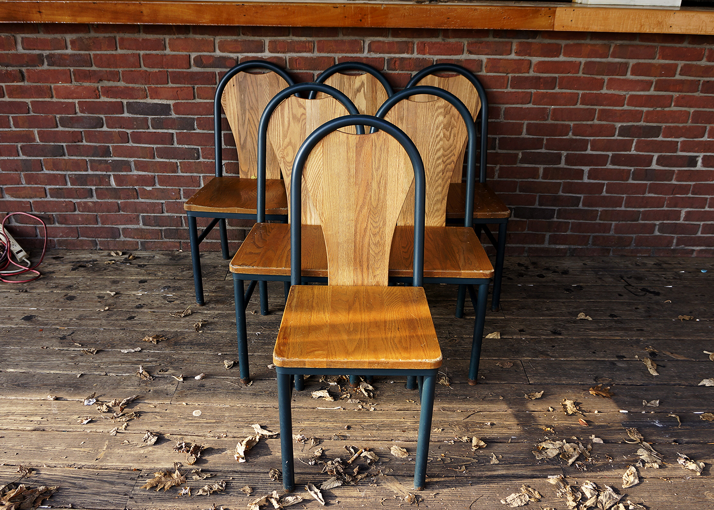 Six Oak and Metal Side Chairs