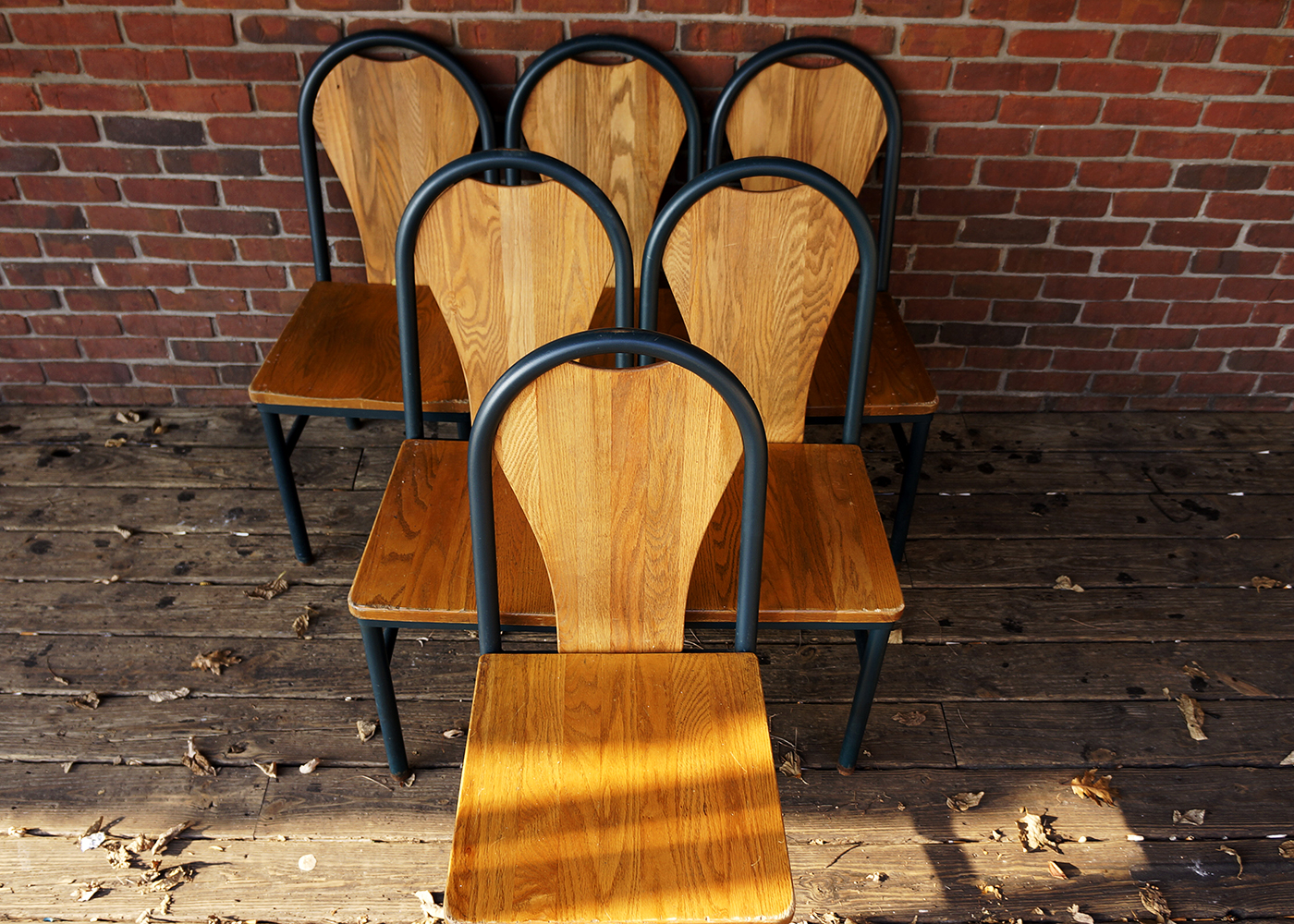 Six Oak and Metal Side Chairs