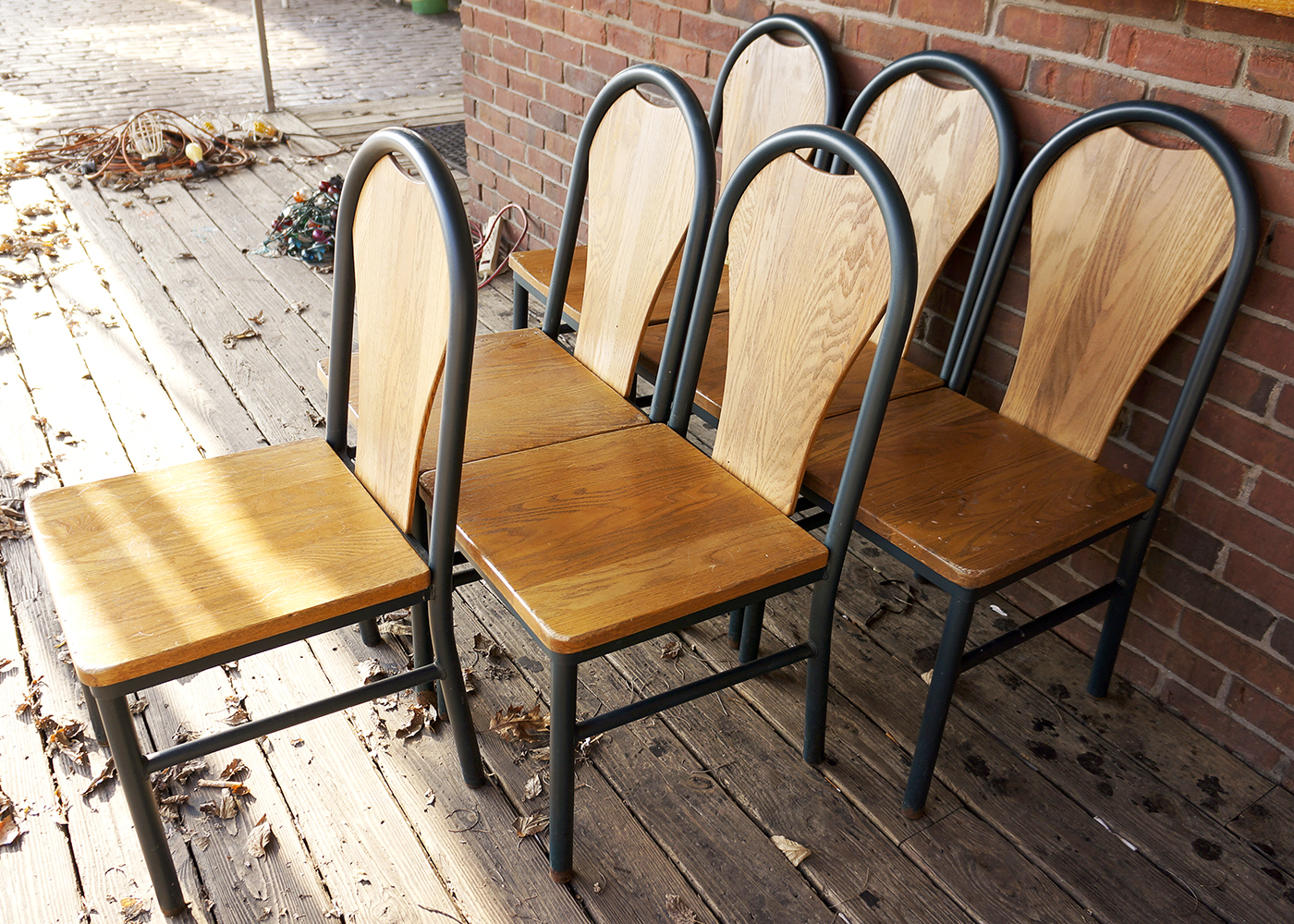 Six Oak and Metal Side Chairs