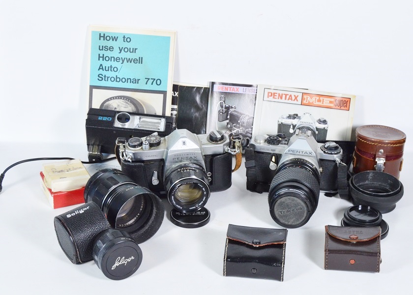 Three Pentax 35mm Cameras and Accessories