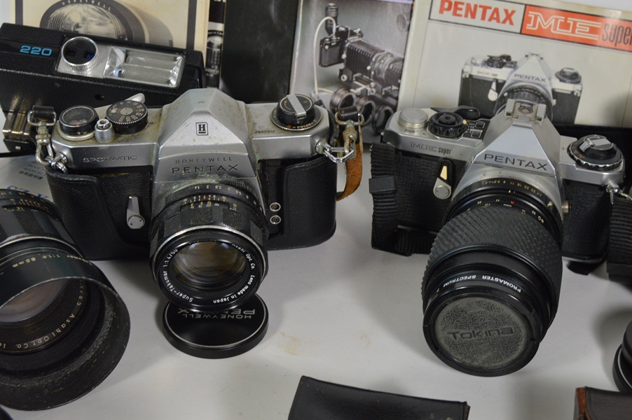 Three Pentax 35mm Cameras and Accessories