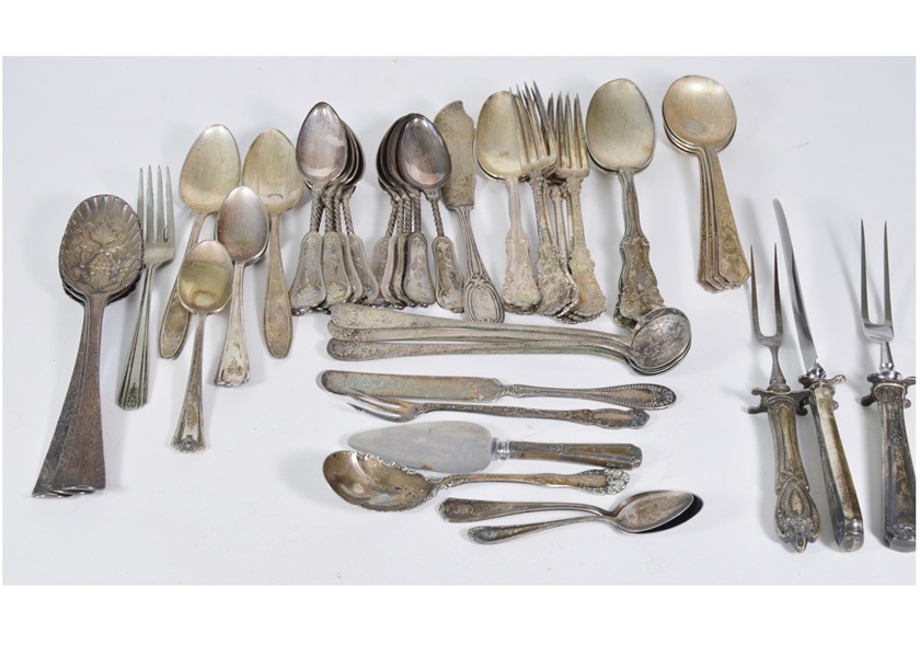 Assortment of Antique Sliver Plated Flatware and Serving Utensils