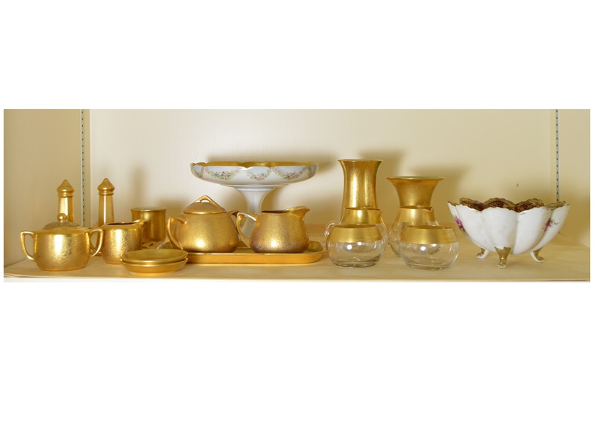 Assortment of Gold Tone China Serving Pieces