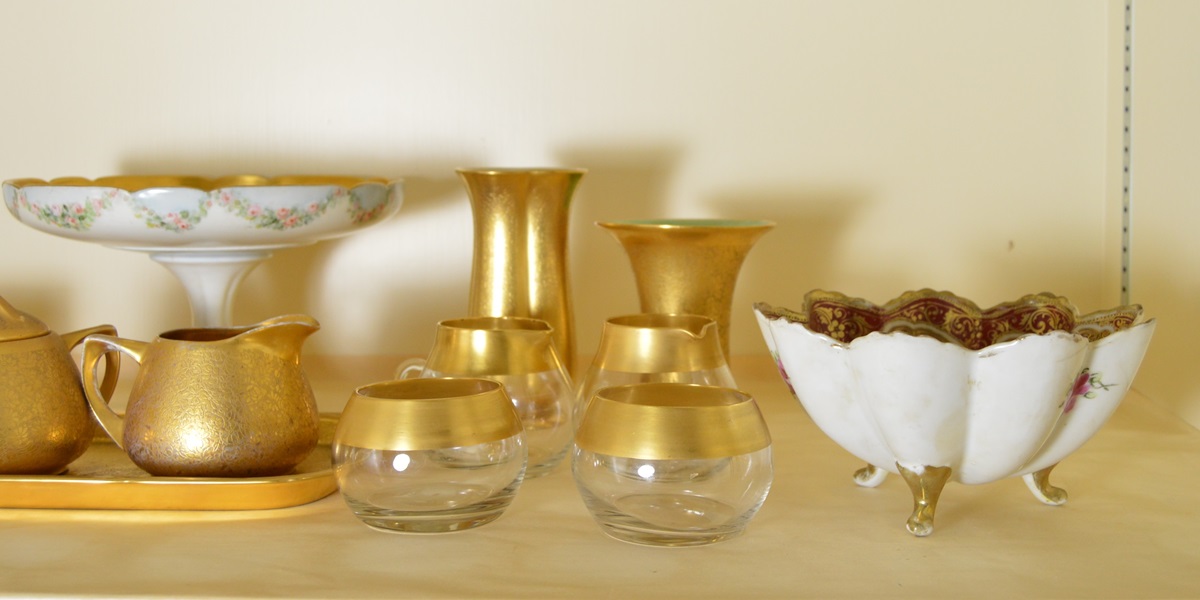 Assortment of Gold Tone China Serving Pieces