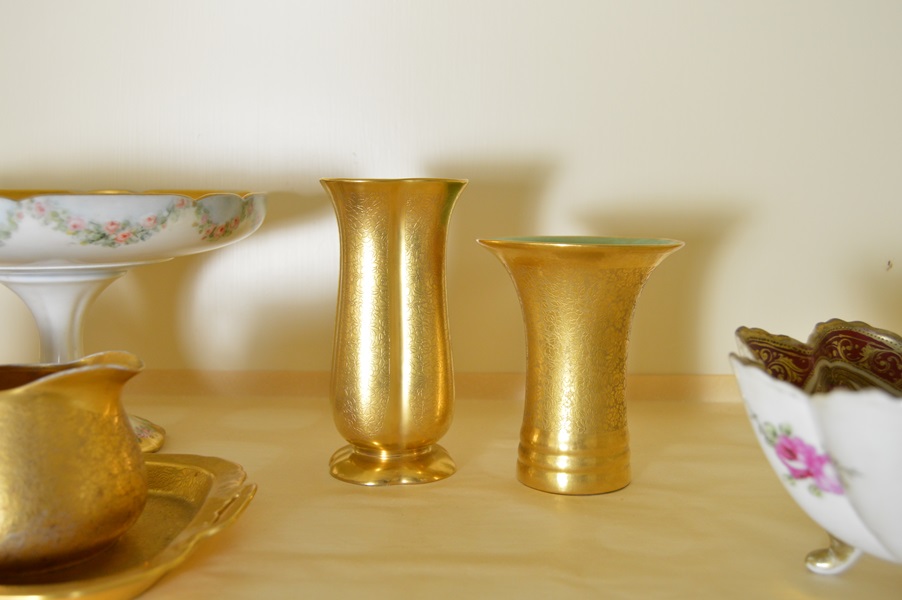 Assortment of Gold Tone China Serving Pieces