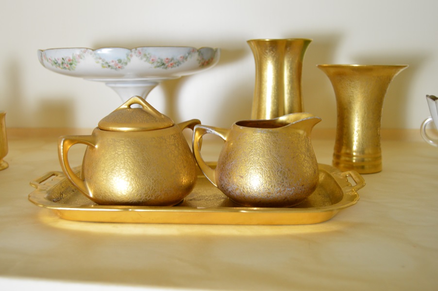 Assortment of Gold Tone China Serving Pieces