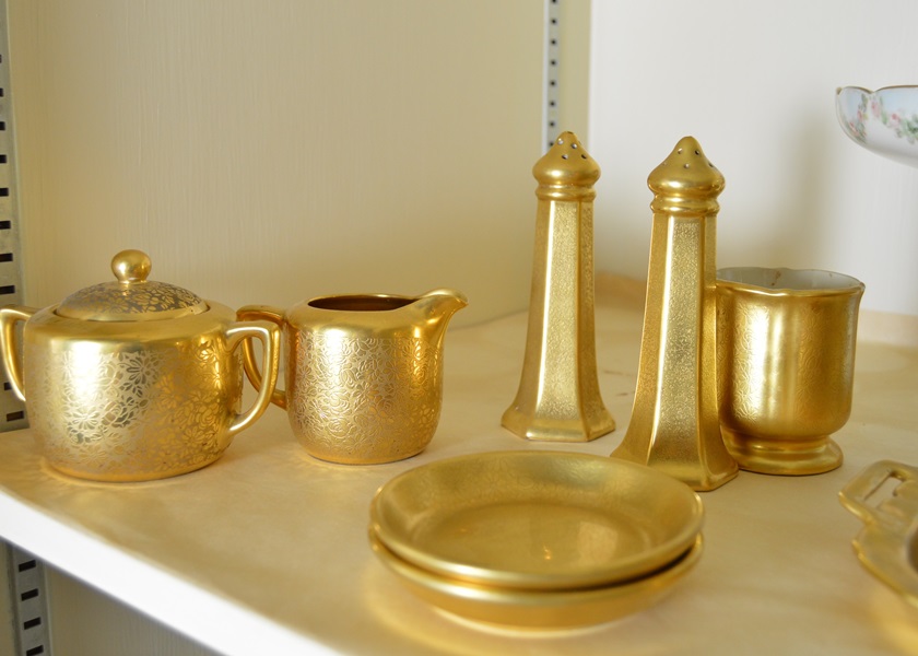 Assortment of Gold Tone China Serving Pieces
