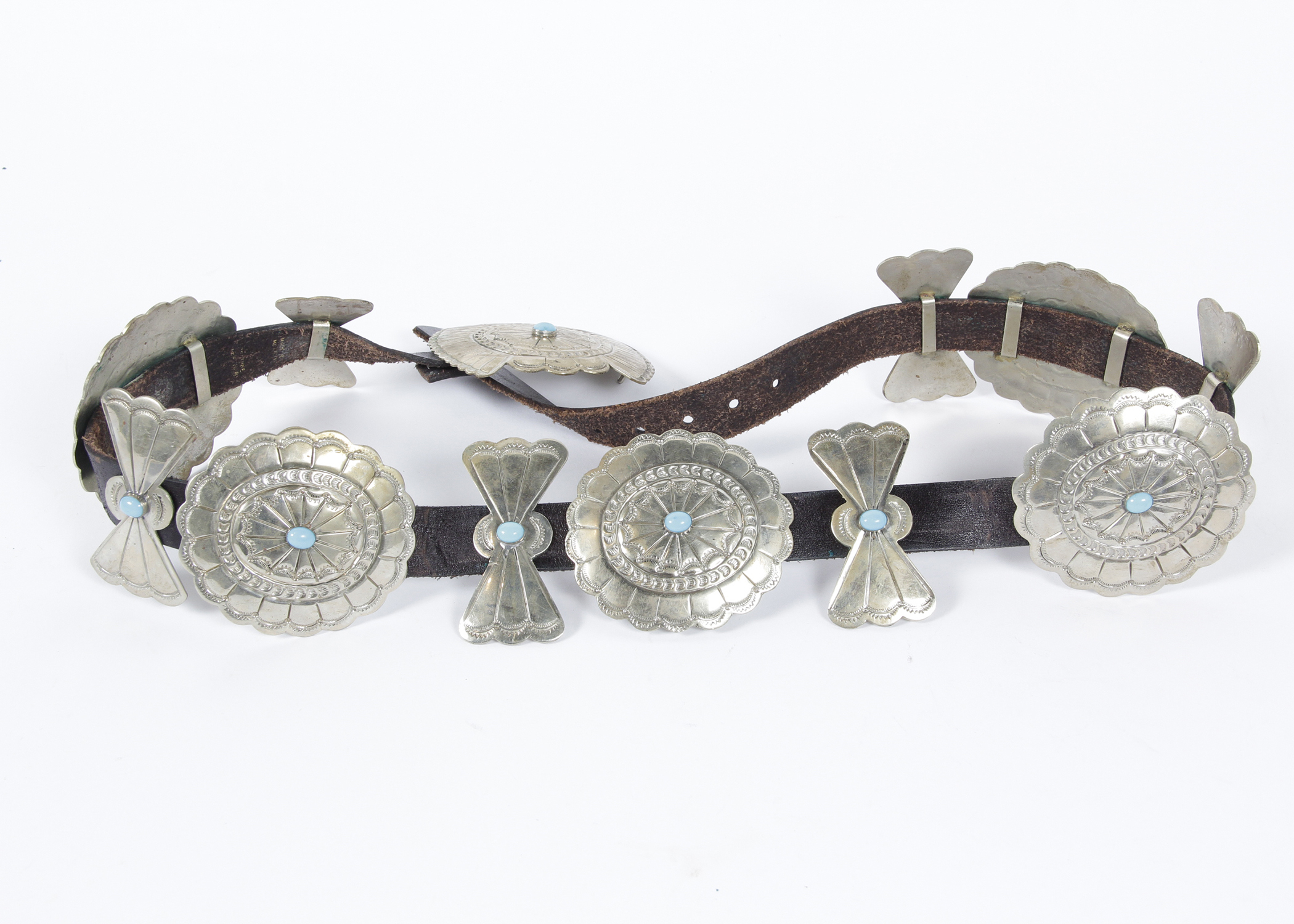 Heavy Vintage Mexican Silver Concho and Leather Belt