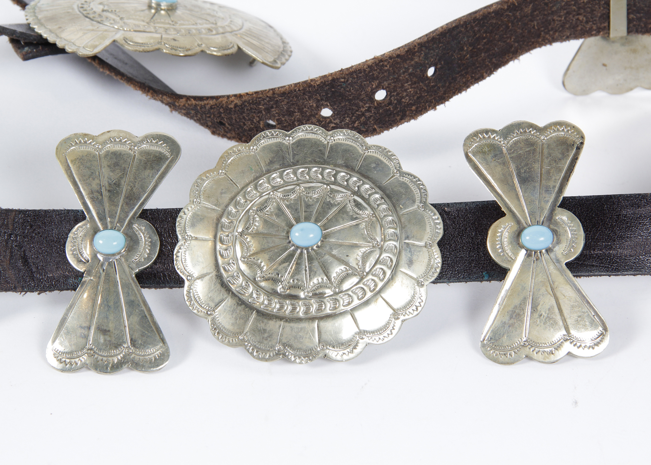Heavy Vintage Mexican Silver Concho and Leather Belt