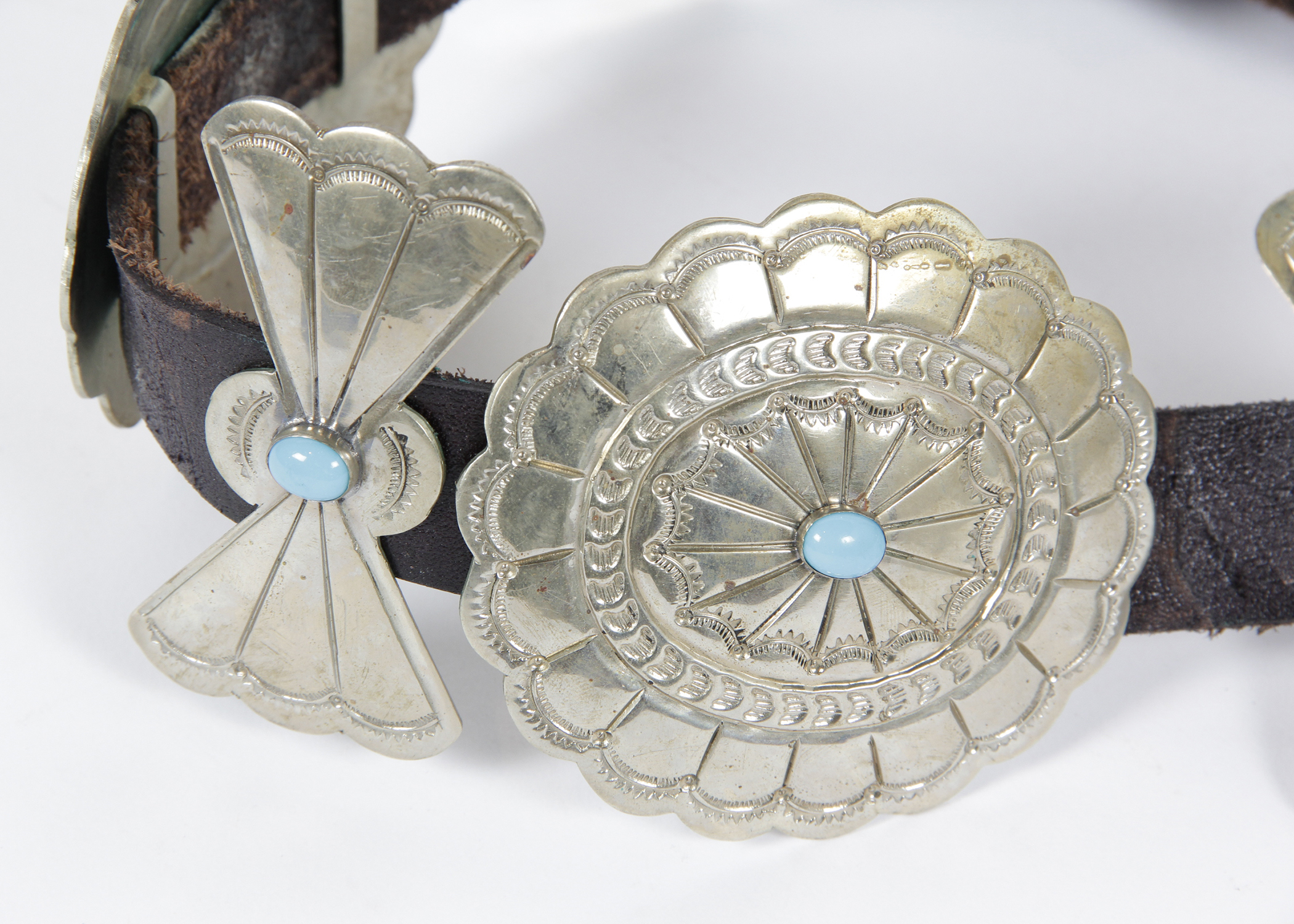Heavy Vintage Mexican Silver Concho and Leather Belt