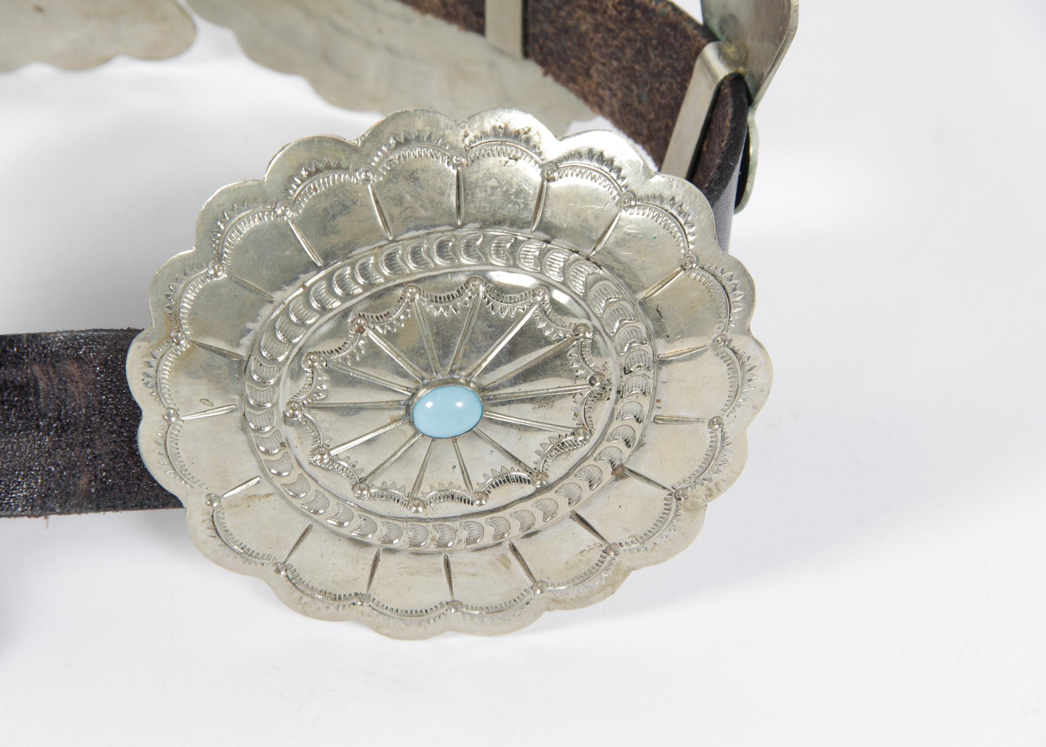 Heavy Vintage Mexican Silver Concho and Leather Belt