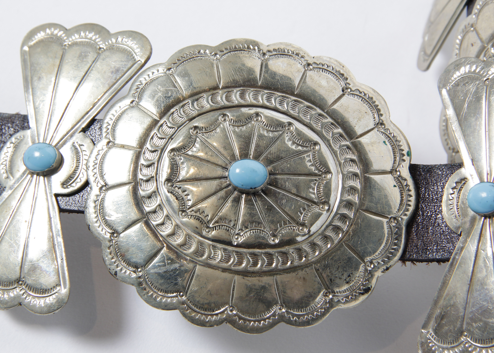 Heavy Vintage Mexican Silver Concho and Leather Belt