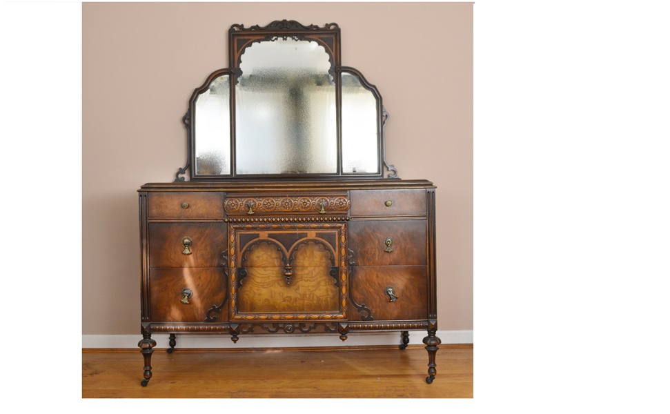 Vintage Jacobean Revival Style Walnut Dresser With Mirror