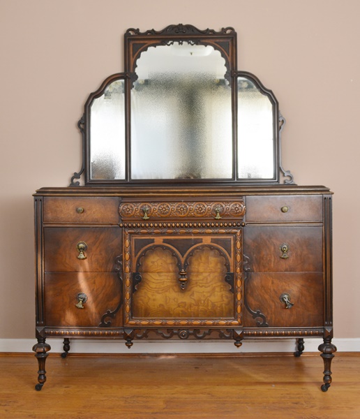 Vintage Jacobean Revival Style Walnut Dresser With Mirror