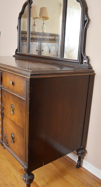 Vintage Jacobean Revival Style Walnut Dresser With Mirror