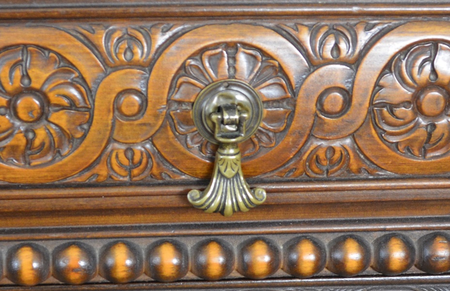 Vintage Jacobean Revival Style Walnut Dresser With Mirror