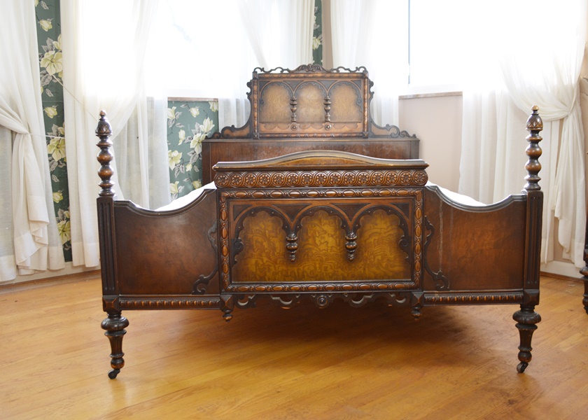 Vintage Jacobean Revival Style Walnut Double Bed