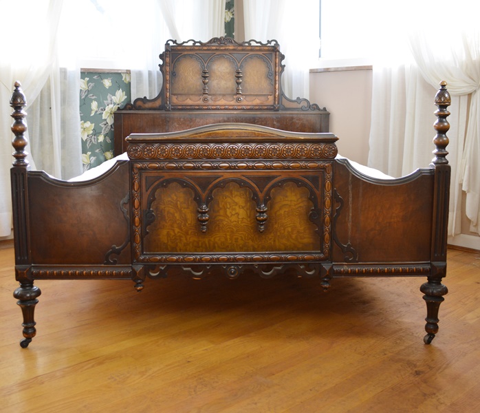 Vintage Jacobean Revival Style Walnut Double Bed