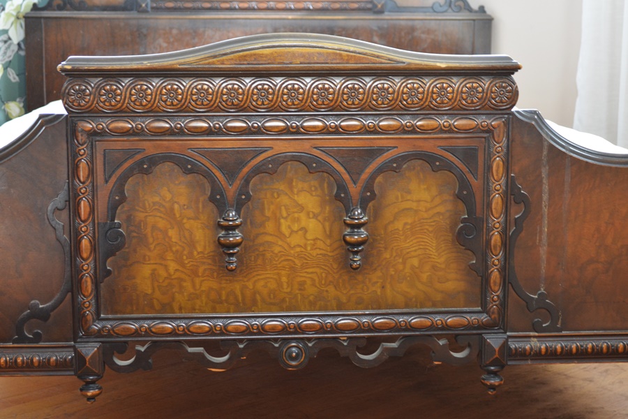 Vintage Jacobean Revival Style Walnut Double Bed