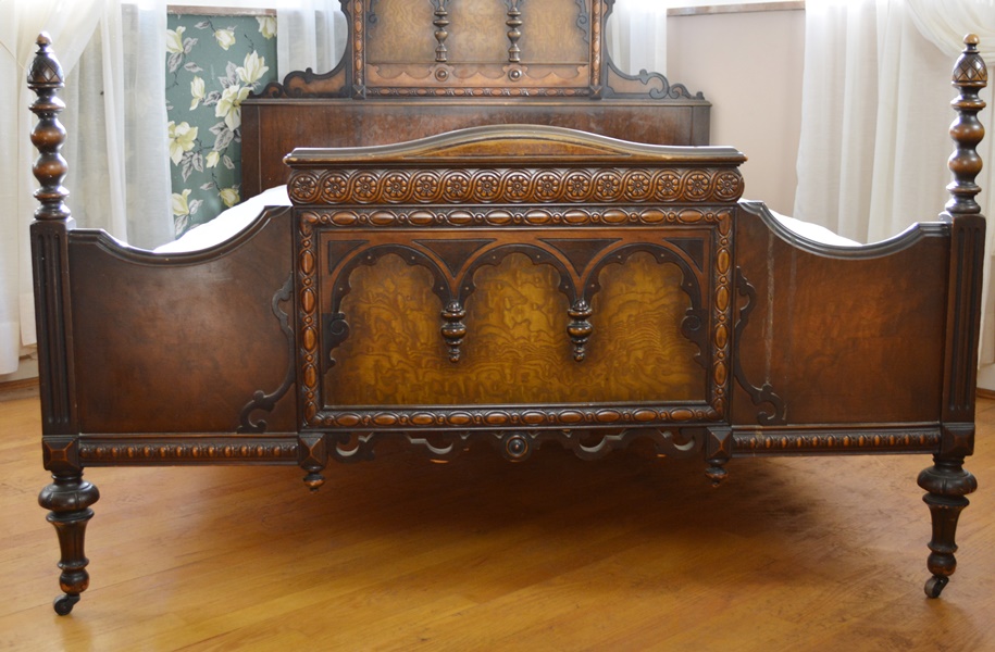 Vintage Jacobean Revival Style Walnut Double Bed