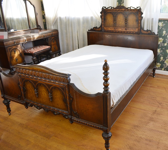 Vintage Jacobean Revival Style Walnut Double Bed