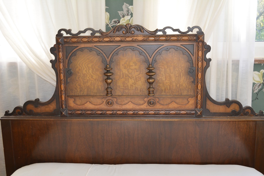 Vintage Jacobean Revival Style Walnut Double Bed